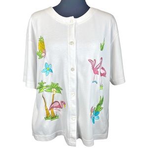 NEEDLE & THREADS ☆ Vintage Embroidered Short Sleeve Top ☆ Flamingo Palms